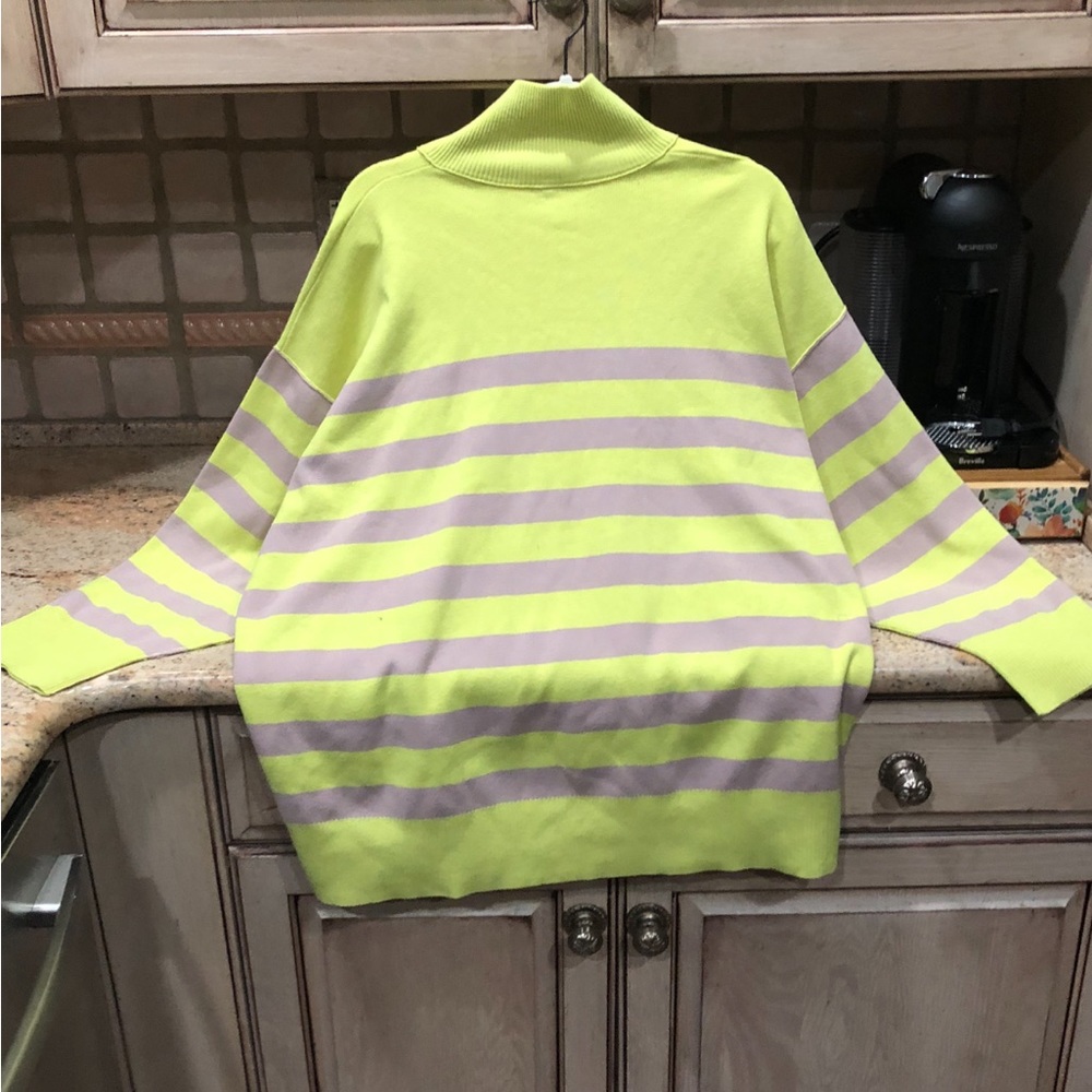 Free People Coastal Stripe Pullover Zip Front Neckline Ribbed Hems Lime Purple - Picture 5 of 5